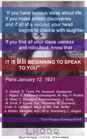 “If you have serious ideas about life, If you make artistic discoveries and if all of a sudden your head begins to crackle with laughter, If you find all your ideas useless and ridiculous, know that IT IS DADA BEGINNING TO SPEAK TO YOU” Paris January 12, 1921 E. Varèse, Tr. Tzara, Ph. Soupault, Soubeyran, J. Rigaut, G. Ribemont-Dessaignes, M. Ray, F. Picabia, B. Péret, C. Pausaers, R.Hülsenbeeks, J. Evola, M. Ernst, P. Eluard, Suz. Duchamp, M. Duchamp, Crotti, G. Cantarelli, Marg. Buffet, Gab. Buffet, a. Breton, Baargeld, Arp., W. C. Arensberg, L. Aragon