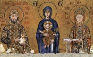 John II Comnenus, Byzantine emperor, and his wife, Irene, with Madonna and child. Mosaic in Hagia Sophia, Istanbul, ca. 1118